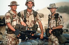 U.S. Army soldiers from the 11th Air Defense Artillery Brigade stand next to a FIM-92 Stinger portable missile launcher during the Persian Gulf War. Stinger Crew Operation Desert Shield -- 1 April 1992.jpg