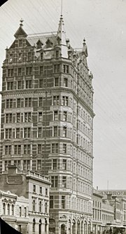 The APA Building in Melbourne, Australia, circa 1900. It was Australia's tallest building from its completion in 1889 to 1912 and was demolished in 1980. The Australia (APA) Building, Melbourne.jpg
