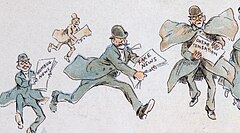 Three running men carrying papers with the labels „Humbug News”, „Fake News”, and „Cheap Sensation”.
