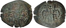 Obverse and reverse of a dark-coloured coin; the former with an image of a four-winged angel, the latter with two standing figures, the left one dressed in regalia and the right one as a warrior saint, holding a sword between them