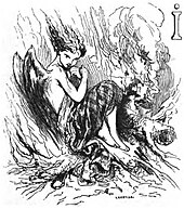 Engraving of a winged fairy wearing a tartan sitting on a fire