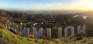 The Hollywood Sign in front of Hollywood Hills in January 2019