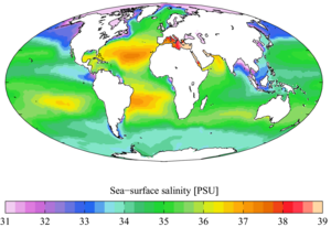 English: Annual mean sea surface salinity from...