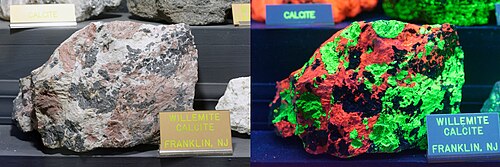 Willemite in Natural and Ultraviolet Light by Jud McCranie. These images show willemite in natural light, and how it fluoresces in ultraviolet light. The rock is from Franklin, New Jersey, and was on display at the Gem and Mineral Museum in Franklin, North Carolina.