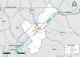 Carte en couleur présentantle réseau hydrographique de la commune