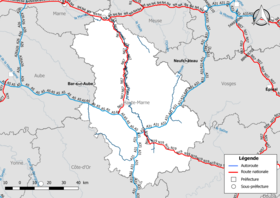 Carte du réseau routier national (autoroutes et routes nationales) dans le département de la Haute-Marne
