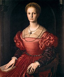 Femeie prezentată cu o rochie roșie somptuoasă, Agnolo Bronzino, c.1541