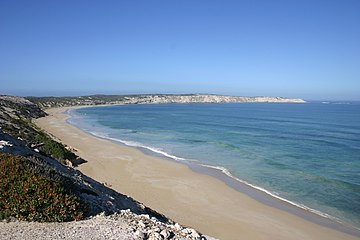 View of Limestone cliffs and beach looking towards Point Avoid in Coffin Bay National Park circa March 2006.