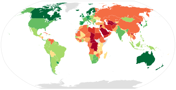 Democracy Index by the Economist Intelligence Unit, 2017
.mw-parser-output .col-begin{border-collapse:collapse;padding:0;color:inherit;width:100%;border:0;margin:0}.mw-parser-output .col-begin-small{font-size:90%}.mw-parser-output .col-break{vertical-align:top;text-align:left}.mw-parser-output .col-break-2{width:50%}.mw-parser-output .col-break-3{width:33.3%}.mw-parser-output .col-break-4{width:25%}.mw-parser-output .col-break-5{width:20%}@media(max-width:720px){.mw-parser-output .col-begin,.mw-parser-output .col-begin>tbody,.mw-parser-output .col-begin>tbody>tr,.mw-parser-output .col-begin>tbody>tr>td{display:block!important;width:100%!important}.mw-parser-output .col-break{padding-left:0!important}}
Full Democracies
9-10
8-9
Flawed Democracies
7-8
6-7
Hybrid Regimes
5-6
4-5
Authoritarian Regimes
3-4
2-3
0-2 EIU Democracy Index 2017.svg