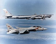 An F-14A Tomcat from VF-114 intercepting a Soviet Tu-95RT "Bear-D" maritime patrol aircraft.