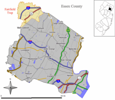 Map of Fairfield Township in Essex County. Inset: Location of Essex County highlighted in the State of New Jersey.