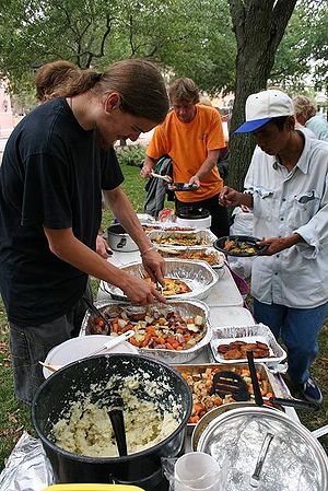 A meal being served by Food Not Bombs