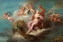Dans ce tableau, Lemoyne représente la déesse Héra, assise sur le trône d'or construit par Héphaïstos. Elle est située dans un espace céleste, entourée de nuages où s'ébattent des angelots. Devant elle, l'un d'eux tire deux paons, ses animaux attributs.