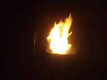 Fire during the winter solstice ceremony (Most Worshipful Grand National Mexican Lodge "Independencia No. 2") at the Tlatelolco Conventions Center (Manuel Gonzalez 171, col. San Simon Tolnahuac, del. Cuauhtemoc). Fuego en la ceremonia de la cena del solsticio de invierno (Muy Resp.'. Gr.'. Log.'. Nacional Mexicana "Independencia No. 2").jpg