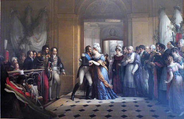  Rencontre du 1er décembre 1823 du duc et de la duchesse d'Angoulême au palais épiscopal de Chartres, aujourd'hui musée des beaux-arts. Derrière le couple, la salle à l'italienne et la chapelle du palais de l'évêché, aujourd'hui musée des Beaux-Arts, Garnier, 1826.