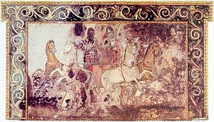 A fresco showing Hades and Persephone riding in a chariot, from the tomb of Queen Eurydice I of Macedon at Vergina, Greece, 4th century BC Hades and Persephone, Vergina.jpg