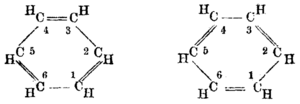 Historic benzene formulae as proposed by Kekule. Historic Benzene Formulae Kekule (original).png