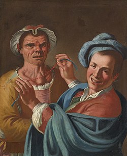 Il femminiello
, painted by Giuseppe Bonito (1707-1789) sometime between 1740 and 1760. The femminiello
's missing teeth and goitre are signs of poverty and malnutrition, but the red coral necklace represents good fortune. Il femminiello.jpg