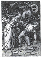 The "Battle for the Trousers" motif: Israhel van Meckenem, The Angry Wife, genre engraving, 1490s[37]