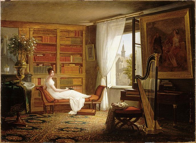 Juliette Récamier et sa bibliothèque dans son appartement de l'Abbaye-aux-Bois, à Paris.