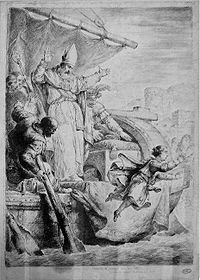 Emperor Henry Jumps from the Boat of his Kidnappers, acquaforte by Bernhard Rode (1781) Kaiser Heinrich IV springt.jpg