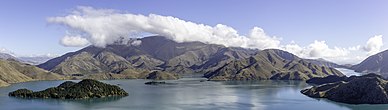 An example of a mountain lake ecosystem Lake Benmore with surrounding hills, New Zealand 02.jpg