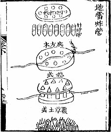 Campo esplosivo di tuono a terra (di lei zha ying), mina composta da otto cariche esplosive erette su due telai dischiformi - ill. in Huolongjing.