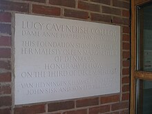 This stone was laid by Queen Margrethe of Denmark in December 1993 Lucy Cavendish College, Cambridge 003.jpg