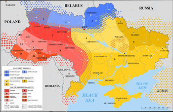 Areas of Ukraine by dialect: The light red area (number 9) is the Transnistrian dialect.