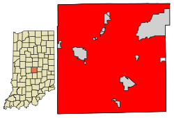 Location of Indianapolis (in red) in Marion County, Indiana.