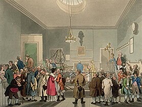 Bow Street Magistrate's Courtroom at 4 Bow Street, in London. The Bow Street Runners were London's first professional police force. Microcosm of London Plate 011 - Bow Street Office (alt).jpg