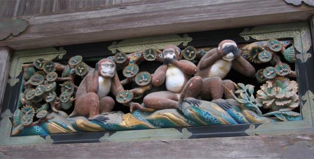 The Three Wise Monkeys, carving on the stable of Tosho-gu Shrine, Nikko, Japan