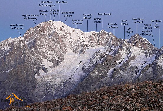 Al centro della foto il ghiacciaio della Brenva, con l'indicazione delle montagne che lo circondano