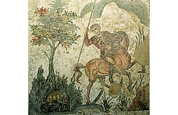 Roman-era mosaics show the bident for hare hunting (Villa Romana del Casale, Sicily, c. 300 AD) Mosaic in Villa Romana del Casale, by Jerzy Strzelecki, 05.jpg