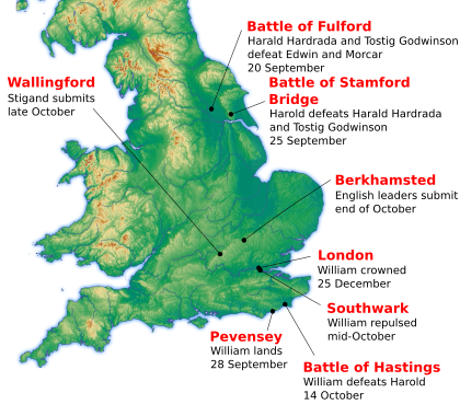 Location of major events during the Norman Conquest in 1066 Norman-conquest-1066.svg