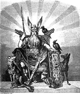 De god Odin mei de ravens Huginn en Muninn en de wolven Geri en Freki. (Yllustraasje út 1882 troch Carl Emil Döpler.)