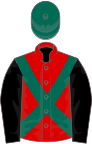 Red, dark green cross sashes, black sleeves, dark green cap