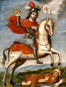 Saint James the Great depicted as Saint James the Moor-slayer. Legend of the Reconquista Painting of Santiago Matamoros.jpg