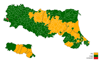 Желтый — Демократическая партия, зеленый — Лига Севера, красный — Смелая, экологичная и прогрессивная Эмилия-Романья