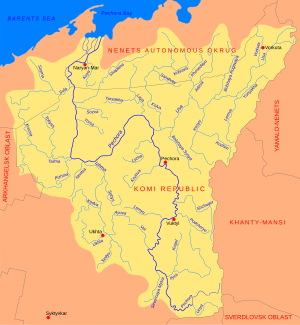 Daerah aliran sungai dan anak sungai dari Sungai Pechora