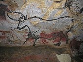 Detail in the Hall of the Bulls; c. 18,000-15,000 BC; pigments on rock; Lascaux caves (Montignac, Dordogne, France)[86]