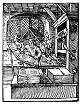 The printing press. Gutenberg's invention had a great impact on social and political developments. Printer in 1568-ce.png