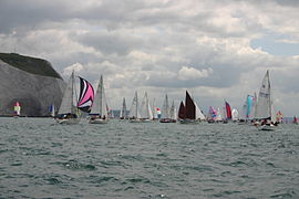 The 2009 race, with yachts seen racing off The Needles