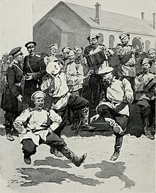 Soldats russes dansant dans des casernes. Peinture de Frédéric de Haenen, 1913.