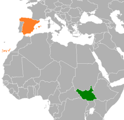 Карта с указанием местоположения Южного Судана и Испании