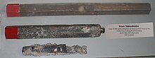 British I.B. 4-lb. Mk IV type incendiary bomb. Top: complete device, nose is red. Middle: dud found without the tin plate tail. Bottom: the remains after burning. RAF Bomber Command dropped 80 million of these 4 lb incendiary bombs during World War II. The 4 lb bomb was also used by the US as the "AN-M50". Stabbrandbombe inc 4 lb.jpg