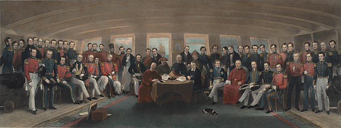 Oil painting depicting the signing of the Treaty of Nanking. China's defeat to Britain in this war would mark the beginning of the end of the Chinese Empire. The Signing of the Treaty of Nanking.jpg