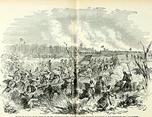 Historical drawing depicting Union soldiers advancing through marshlands.