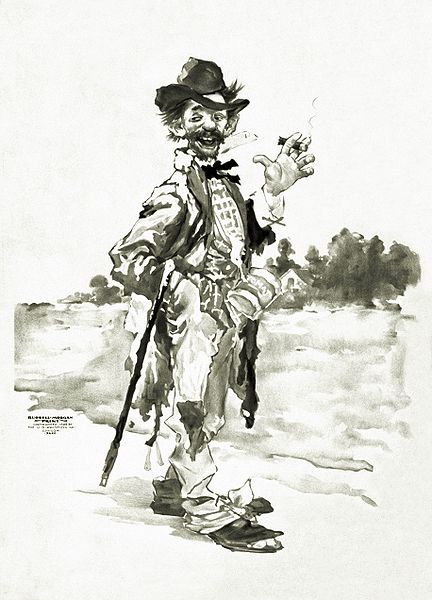 Tramp smoking cigar and cane over arm - Illustration