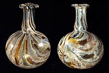 Roman marbled glass piriform unguentarium (front and back) Unguentarium marbled piriform.jpg